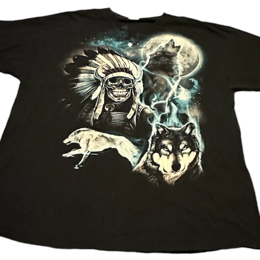 Wolves Native American Headdress Skeleton Black T Shirt Sz 2X Might Fit Like XL